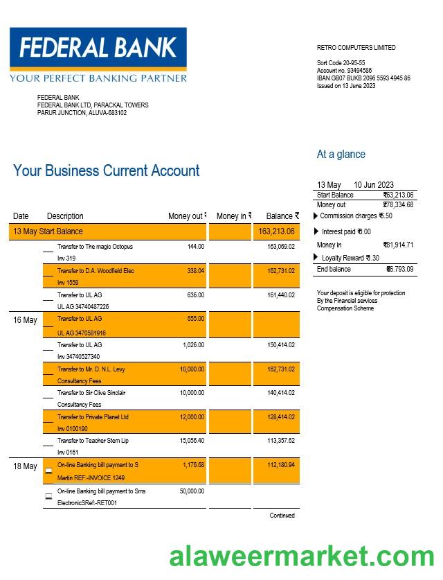 Federal Bank company account statement Word and PDF template
